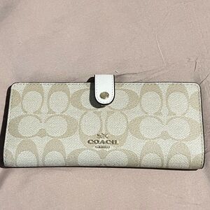 Coach Cream Wallet with Signature Pattern and Snap Closure